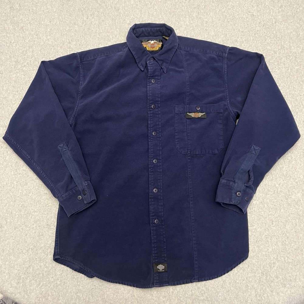 Vintage Harley Davidson Shirt Men's Medium Blue Fleece long Sleeve Pocket Biker